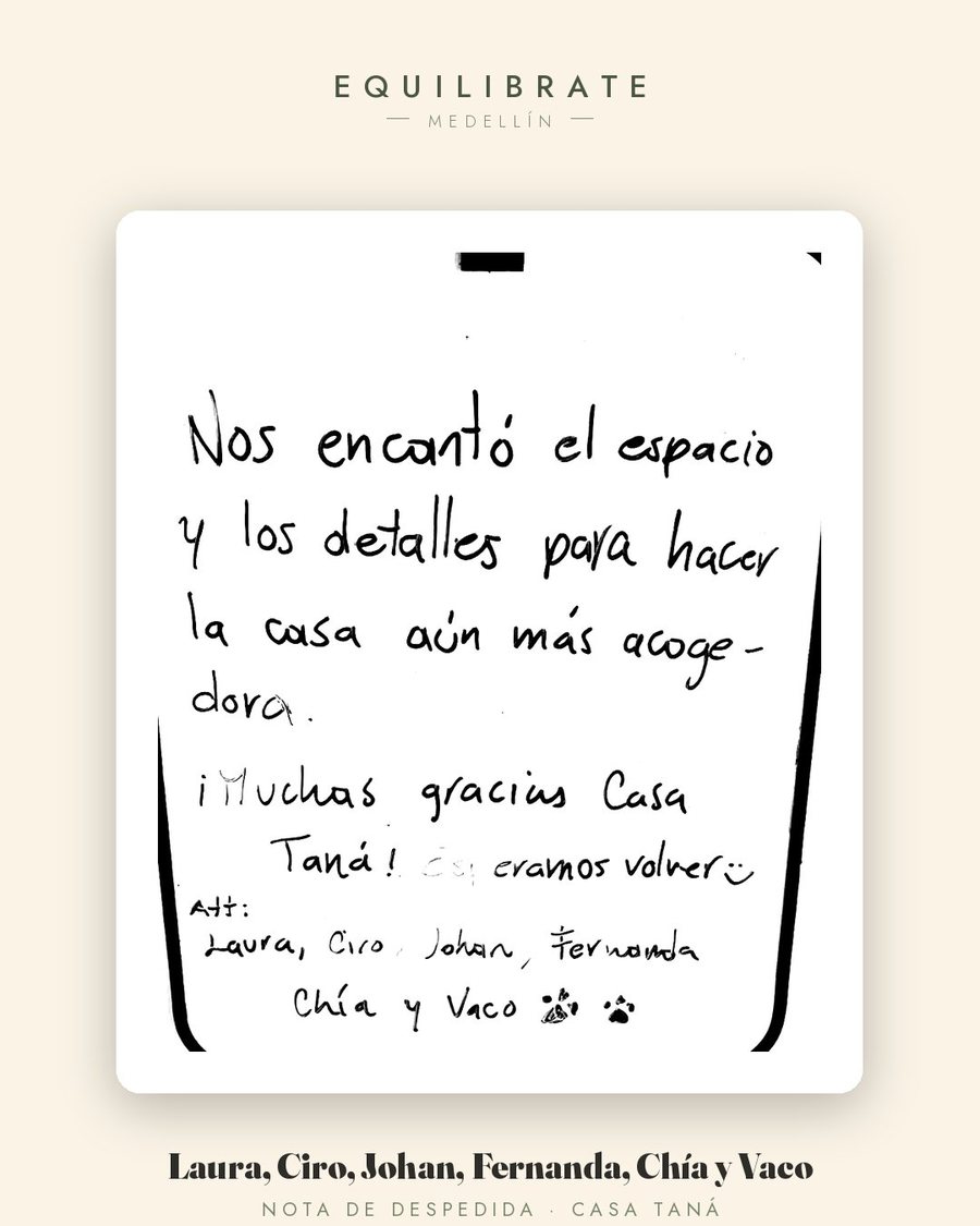 Nota de despedida escrita a mano en Casa Taná