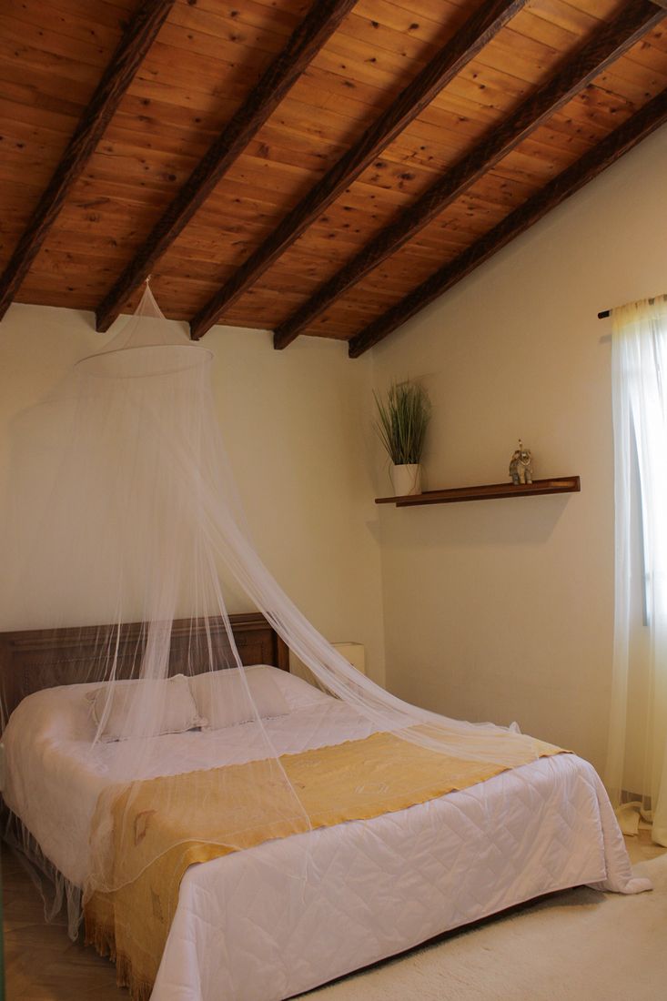 Dormitorio de Casa Taná con dosel de mosquitero y techo de madera